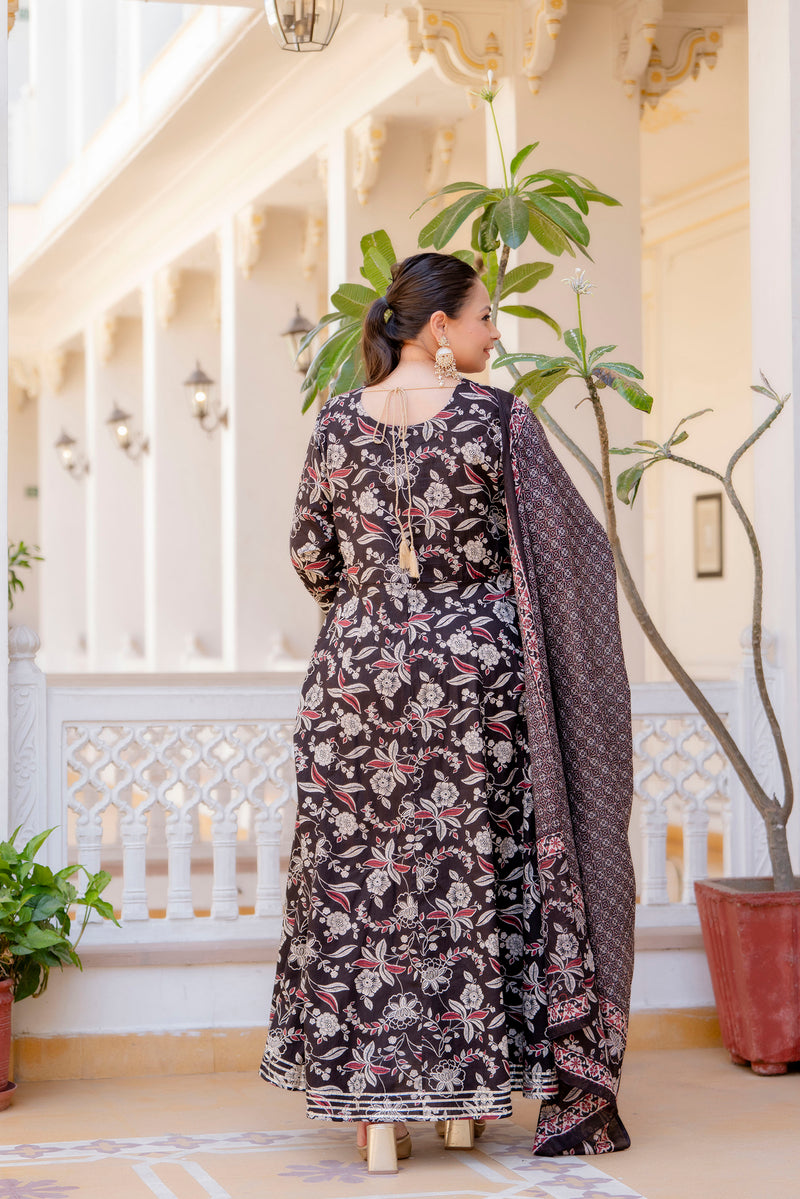 Elegant Black Cotton Embroidered Anarkali With Dupatta Set (Plus Size)