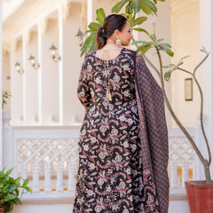 Elegant Black Cotton Embroidered Anarkali With Dupatta Set (Plus Size)