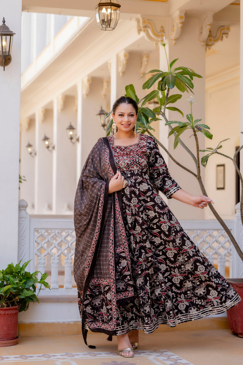 Elegant Black Cotton Embroidered Anarkali With Dupatta Set (Plus Size)