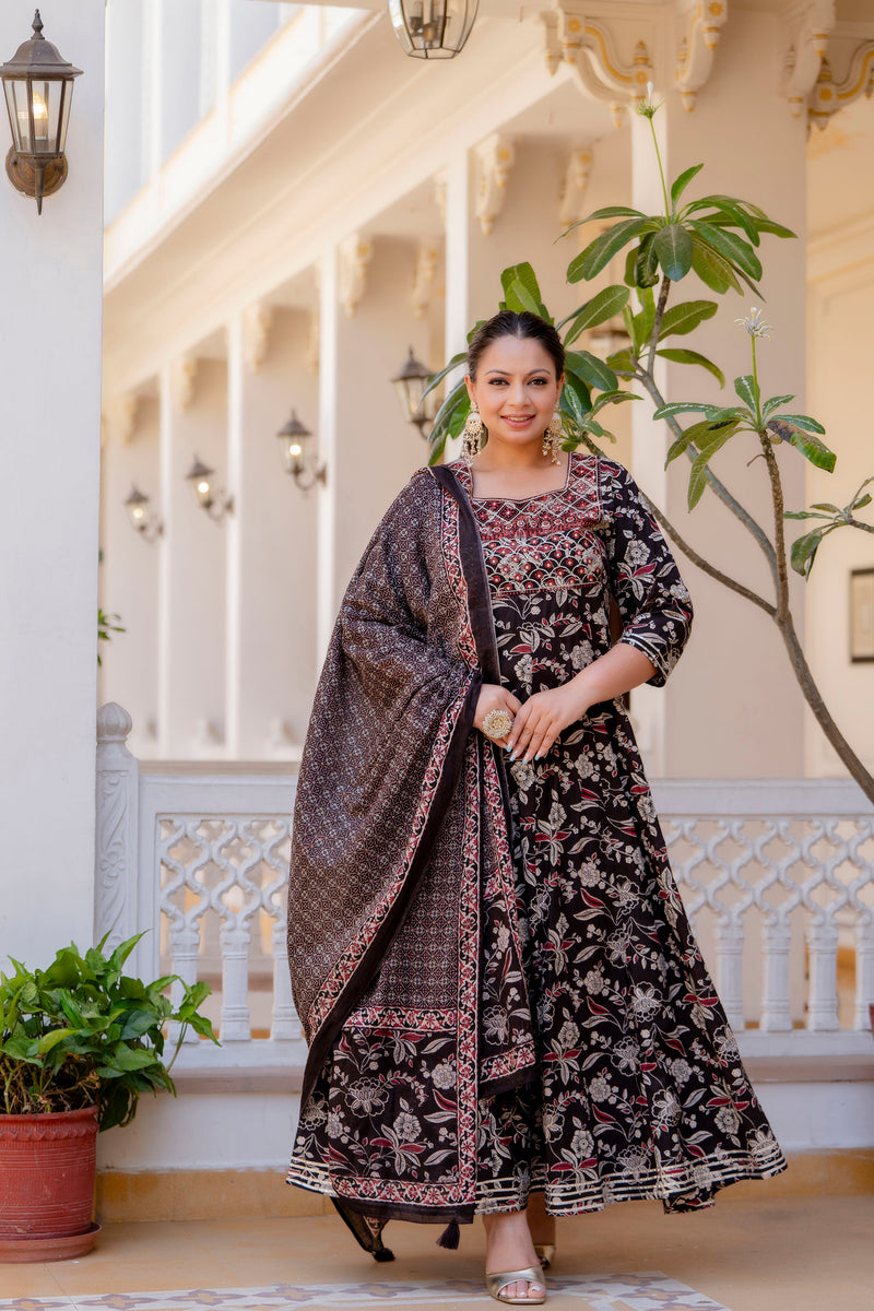 Elegant Black Cotton Embroidered Anarkali With Dupatta Set (Plus Size)