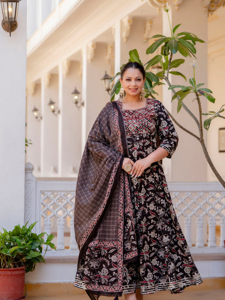 Elegant Black Cotton Embroidered Anarkali With Dupatta Set (Plus Size)