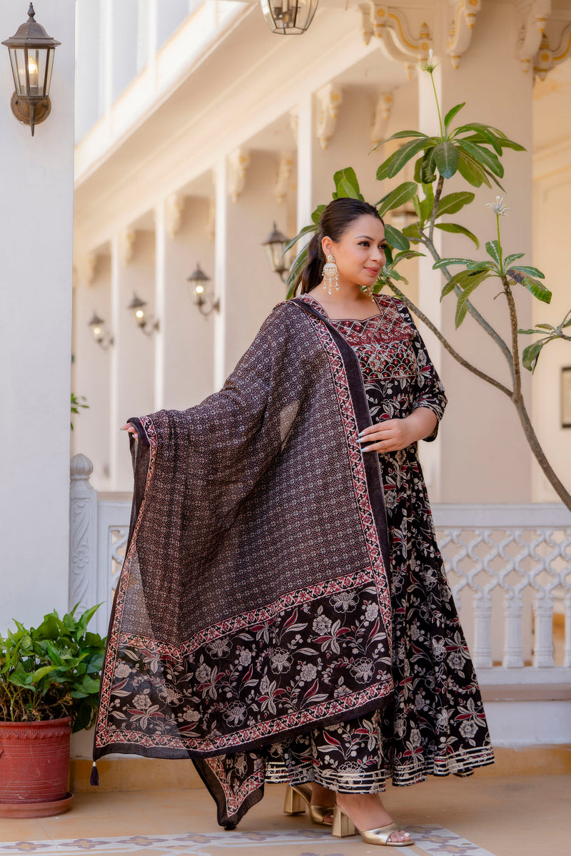 Elegant Black Cotton Embroidered Anarkali With Dupatta Set (Plus Size)
