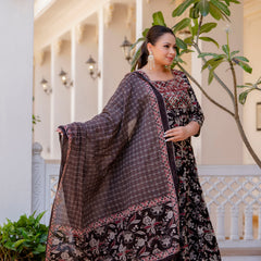 Elegant Black Cotton Embroidered Anarkali With Dupatta Set (Plus Size)