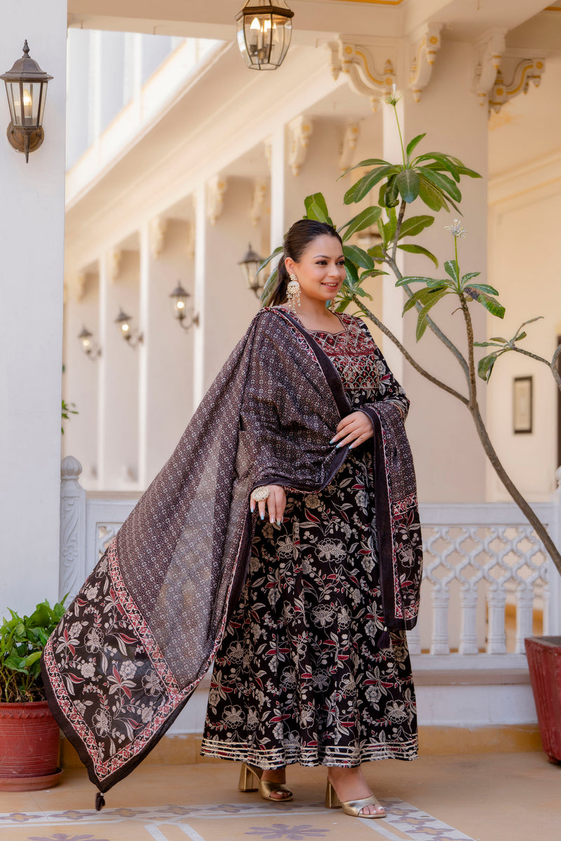 Elegant Black Cotton Embroidered Anarkali With Dupatta Set (Plus Size)