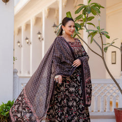 Elegant Black Cotton Embroidered Anarkali With Dupatta Set (Plus Size)