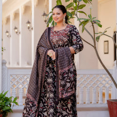 Elegant Black Cotton Embroidered Anarkali With Dupatta Set (Plus Size)
