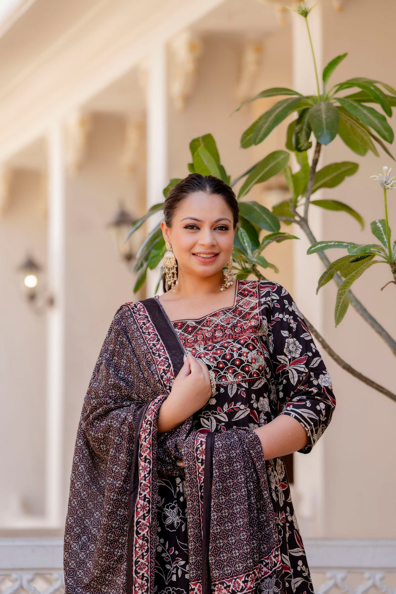 Elegant Black Cotton Embroidered Anarkali With Dupatta Set (Plus Size)