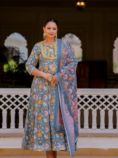 Elegant Grey Cotton Embroidered Anarkali With Dupatta Set (Plus Size)