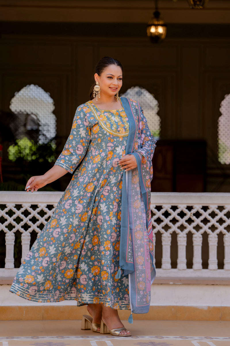 Elegant Grey Cotton Embroidered Anarkali With Dupatta Set (Plus Size)