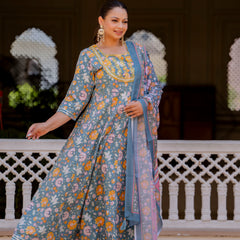 Elegant Grey Cotton Embroidered Anarkali With Dupatta Set (Plus Size)