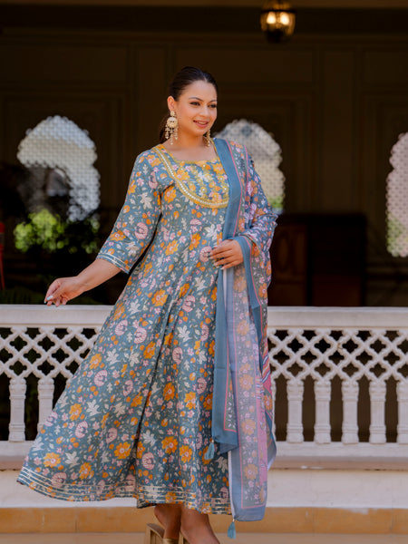 Elegant Grey Cotton Embroidered Anarkali With Dupatta Set (Plus Size)