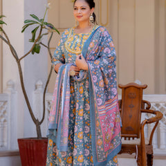 Elegant Grey Cotton Embroidered Anarkali With Dupatta Set (Plus Size)