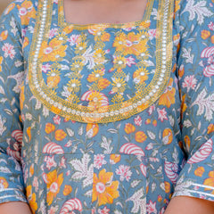 Elegant Grey Cotton Embroidered Anarkali With Dupatta Set (Plus Size)