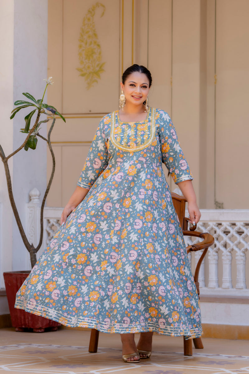 Elegant Grey Cotton Embroidered Anarkali With Dupatta Set (Plus Size)