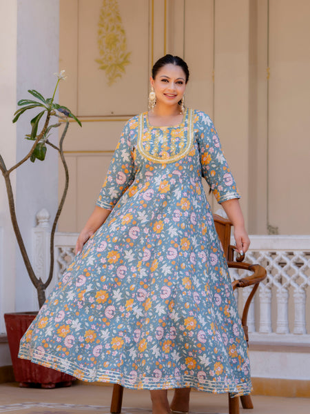 Elegant Grey Cotton Embroidered Anarkali With Dupatta Set (Plus Size)