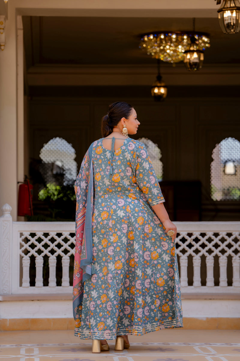 Elegant Grey Cotton Embroidered Anarkali With Dupatta Set (Plus Size)