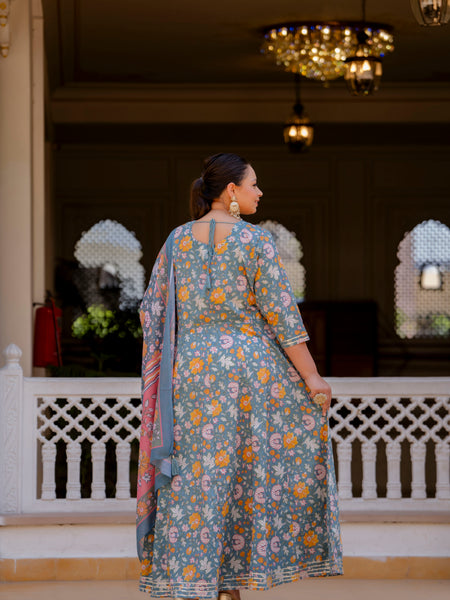 Elegant Grey Cotton Embroidered Anarkali With Dupatta Set (Plus Size)