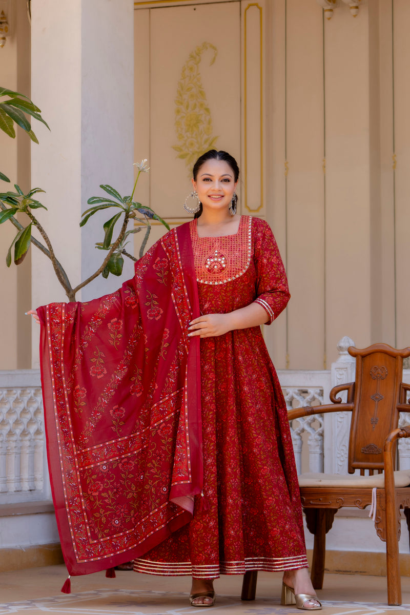 Elegant Maroon Cotton Embroidered Anarkali With Dupatta Set (Plus Size)