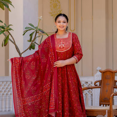 Elegant Maroon Cotton Embroidered Anarkali With Dupatta Set (Plus Size)