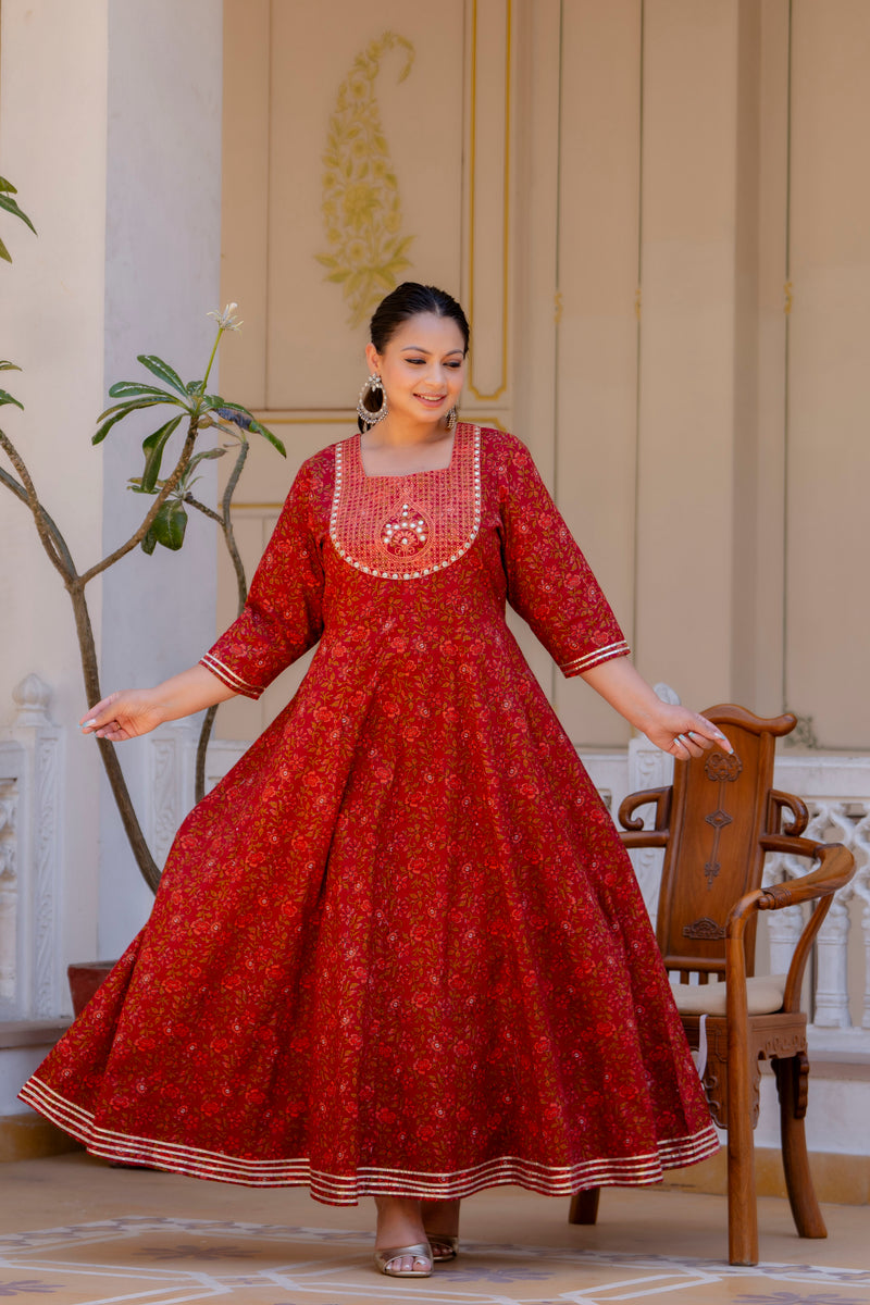 Elegant Maroon Cotton Embroidered Anarkali With Dupatta Set (Plus Size)