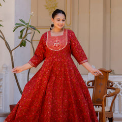 Elegant Maroon Cotton Embroidered Anarkali With Dupatta Set (Plus Size)