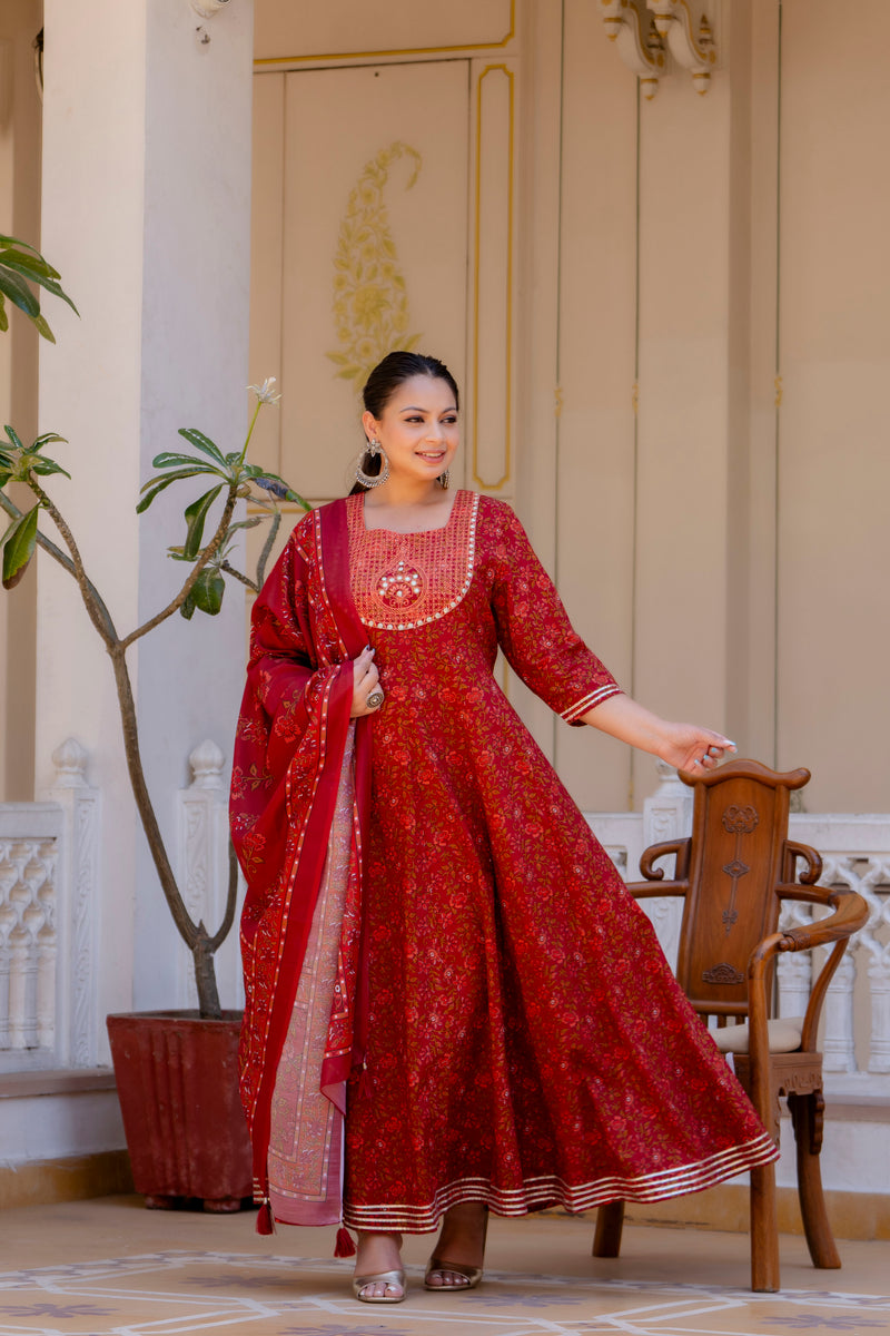 Elegant Maroon Cotton Embroidered Anarkali With Dupatta Set (Plus Size)