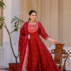 Elegant Maroon Cotton Embroidered Anarkali With Dupatta Set (Plus Size)