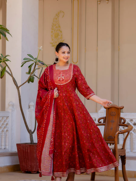 Elegant Maroon Cotton Embroidered Anarkali With Dupatta Set (Plus Size)