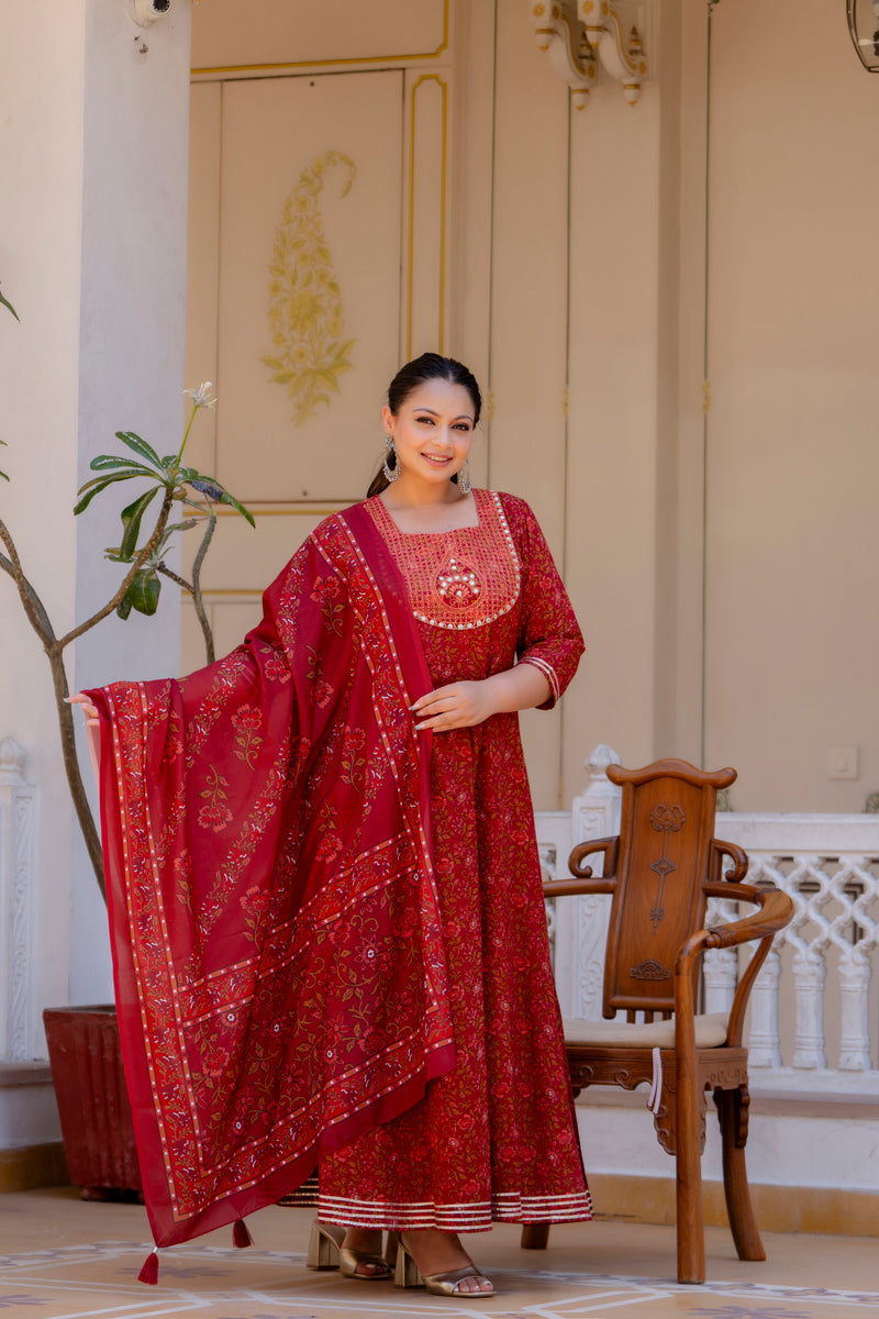 Elegant Maroon Cotton Embroidered Anarkali With Dupatta Set (Plus Size)