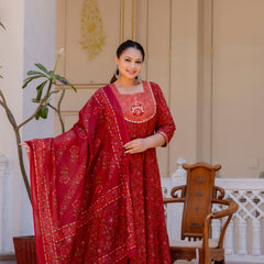Elegant Maroon Cotton Embroidered Anarkali With Dupatta Set (Plus Size)