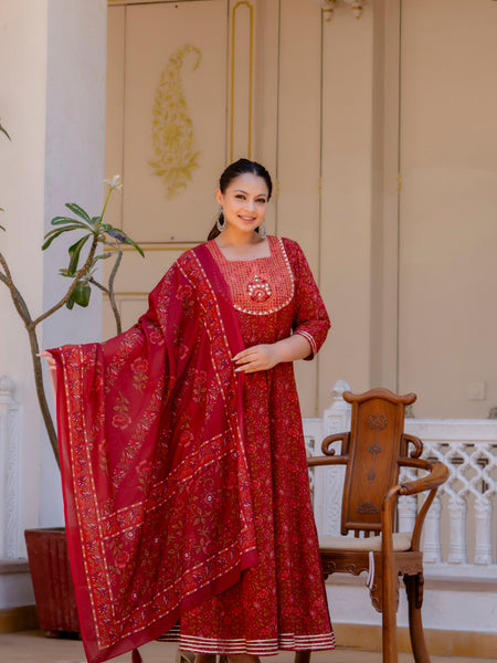 Elegant Maroon Cotton Embroidered Anarkali With Dupatta Set (Plus Size)