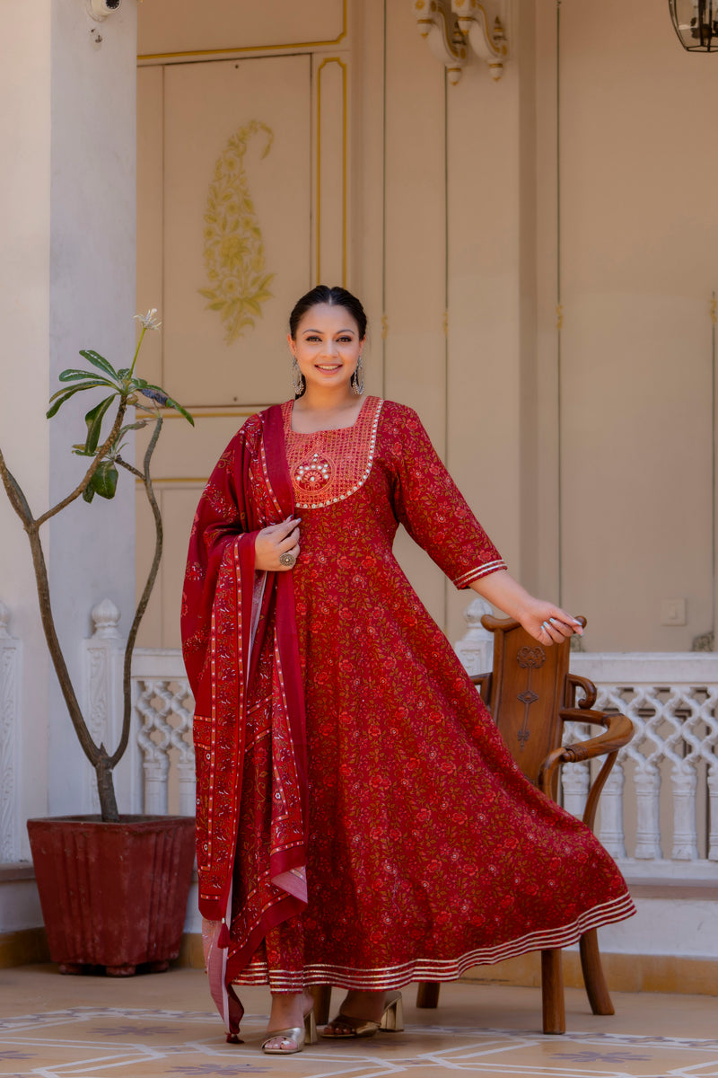 Elegant Maroon Cotton Embroidered Anarkali With Dupatta Set (Plus Size)