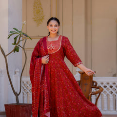 Elegant Maroon Cotton Embroidered Anarkali With Dupatta Set (Plus Size)
