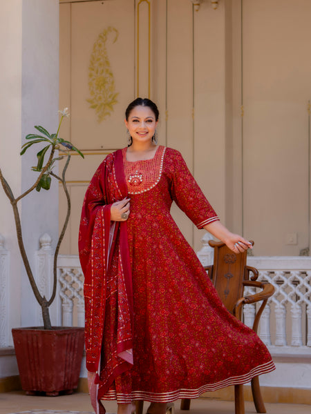 Elegant Maroon Cotton Embroidered Anarkali With Dupatta Set (Plus Size)