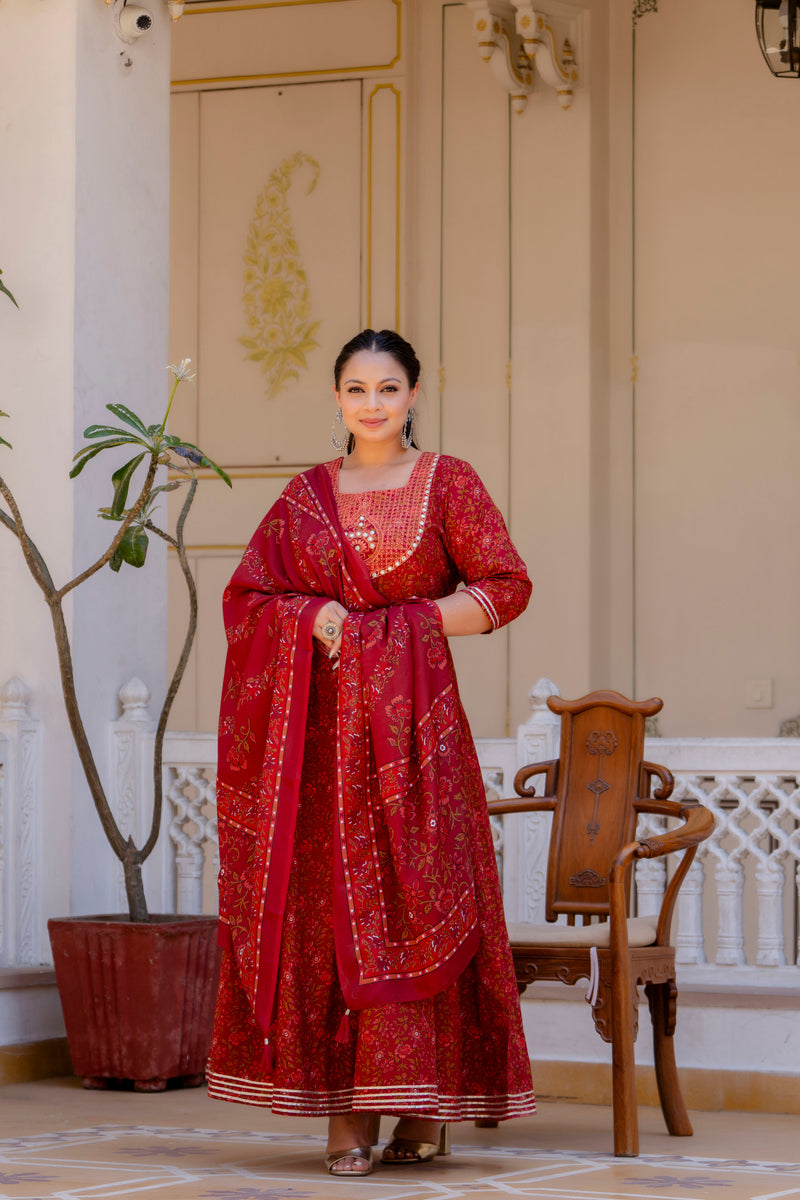 Elegant Maroon Cotton Embroidered Anarkali With Dupatta Set (Plus Size)