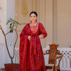 Elegant Maroon Cotton Embroidered Anarkali With Dupatta Set (Plus Size)