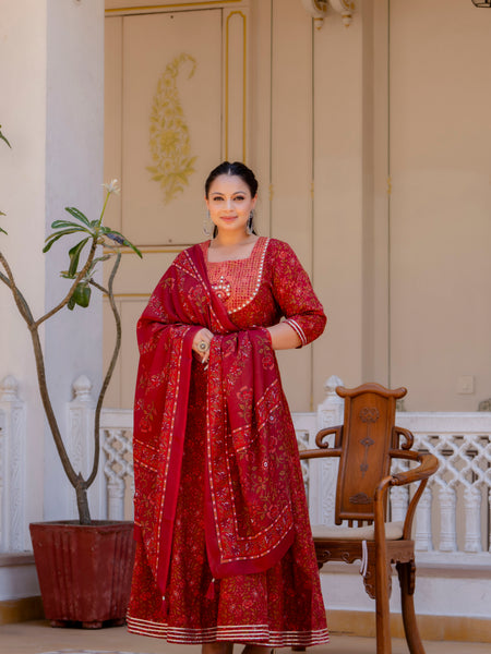 Elegant Maroon Cotton Embroidered Anarkali With Dupatta Set (Plus Size)