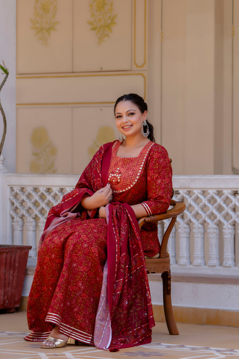 Elegant Maroon Cotton Embroidered Anarkali With Dupatta Set (Plus Size)