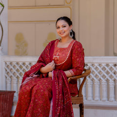 Elegant Maroon Cotton Embroidered Anarkali With Dupatta Set (Plus Size)
