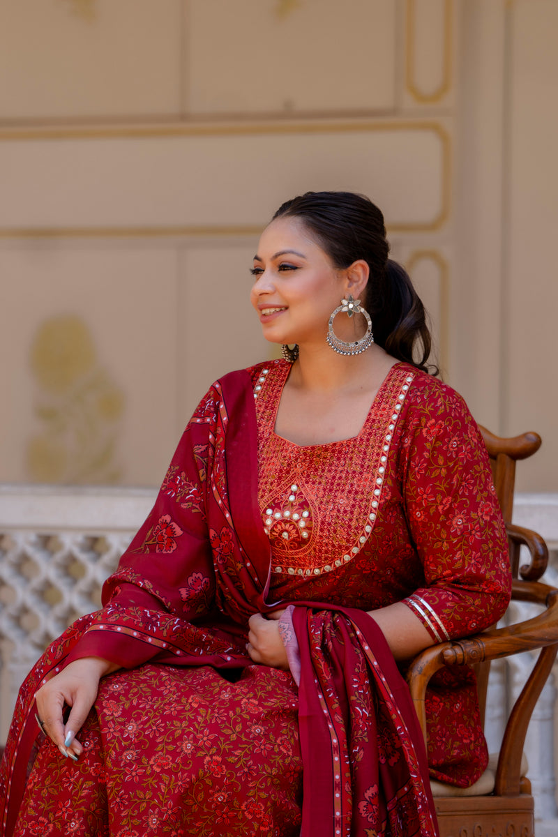 Elegant Maroon Cotton Embroidered Anarkali With Dupatta Set (Plus Size)