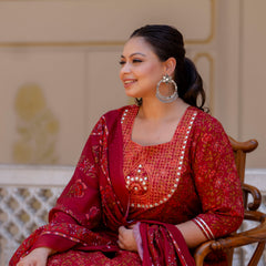 Elegant Maroon Cotton Embroidered Anarkali With Dupatta Set (Plus Size)