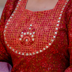 Elegant Maroon Cotton Embroidered Anarkali With Dupatta Set (Plus Size)