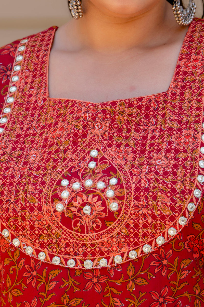 Elegant Maroon Cotton Embroidered Anarkali With Dupatta Set (Plus Size)