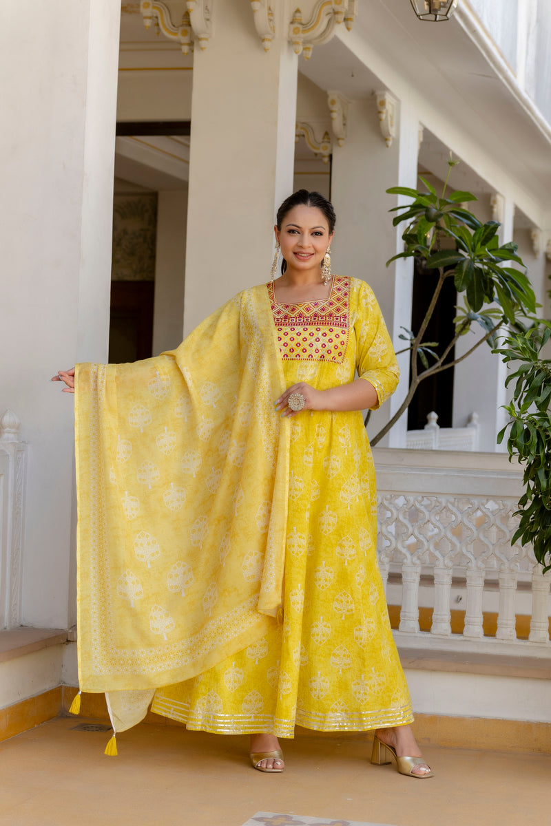 Elegant Yellow Cotton Embroidered Anarkali With Dupatta Set (Plus Size)