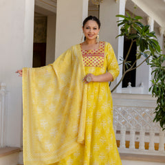 Elegant Yellow Cotton Embroidered Anarkali With Dupatta Set (Plus Size)