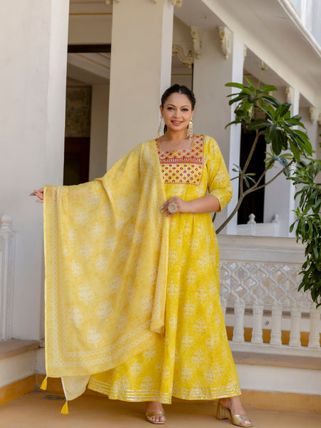 Elegant Yellow Cotton Embroidered Anarkali With Dupatta Set (Plus Size)