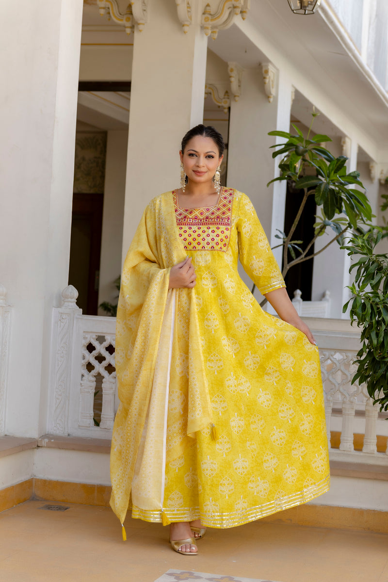 Elegant Yellow Cotton Embroidered Anarkali With Dupatta Set (Plus Size)
