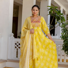 Elegant Yellow Cotton Embroidered Anarkali With Dupatta Set (Plus Size)
