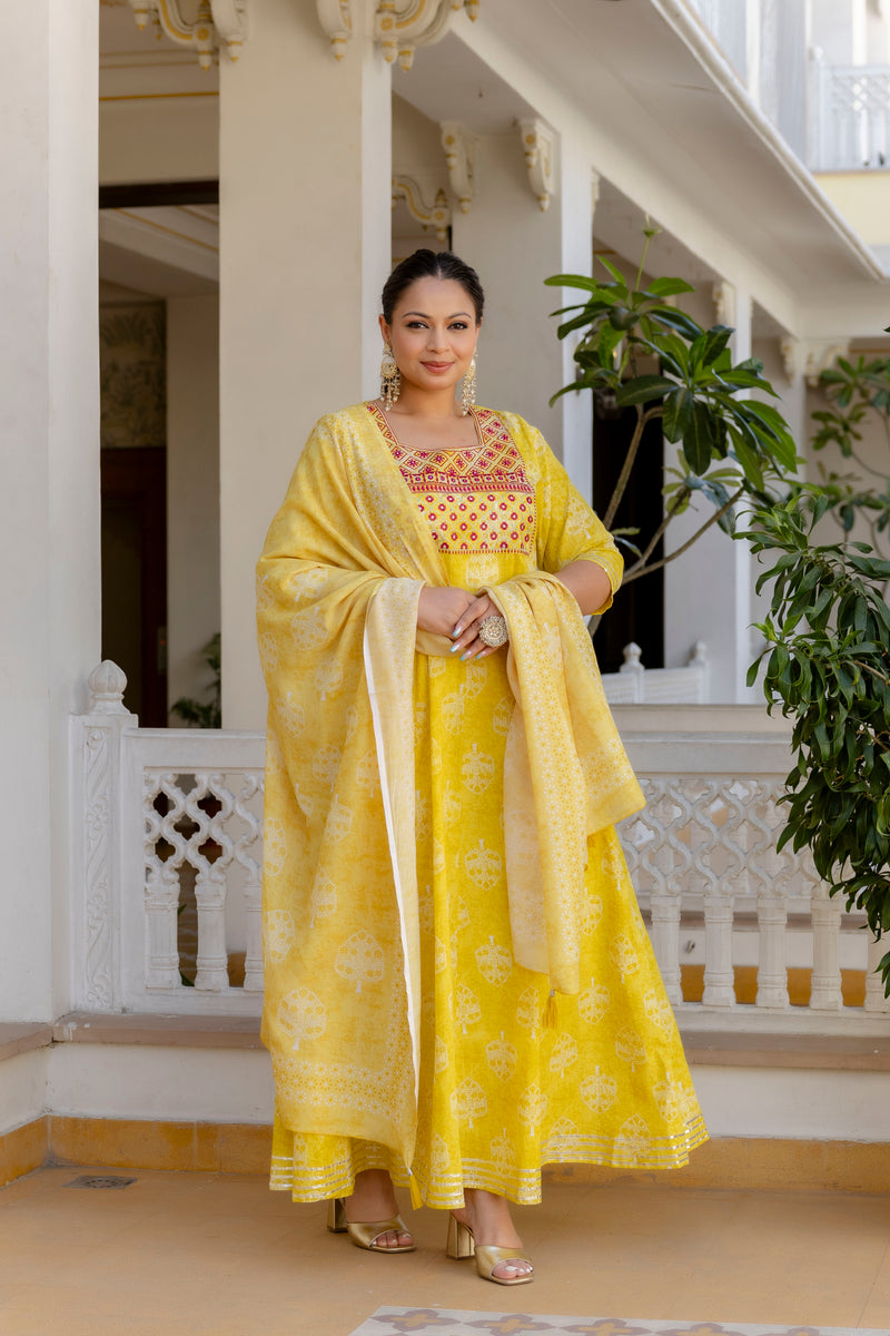 Elegant Yellow Cotton Embroidered Anarkali With Dupatta Set (Plus Size)