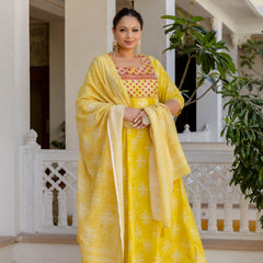 Elegant Yellow Cotton Embroidered Anarkali With Dupatta Set (Plus Size)